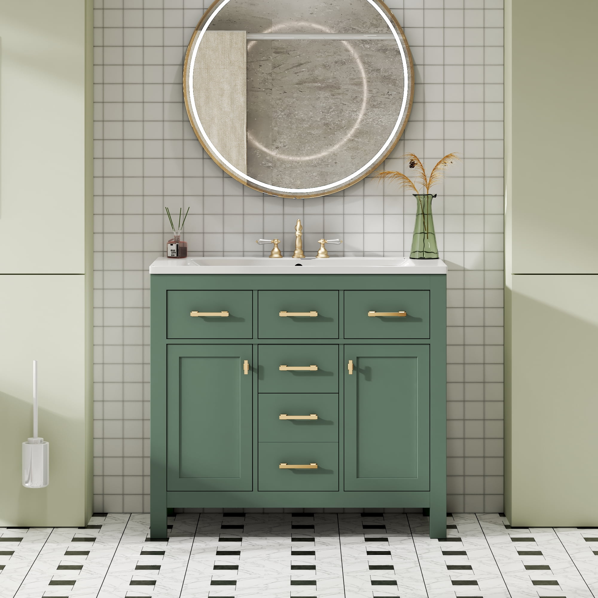 Harper & Bright Designs 36" Bathroom Vanity Sink Combo, Bathroom Storage Cabinet with Drawers, Single Sink Bathroom Vanity with Solid Wood Frame, Green