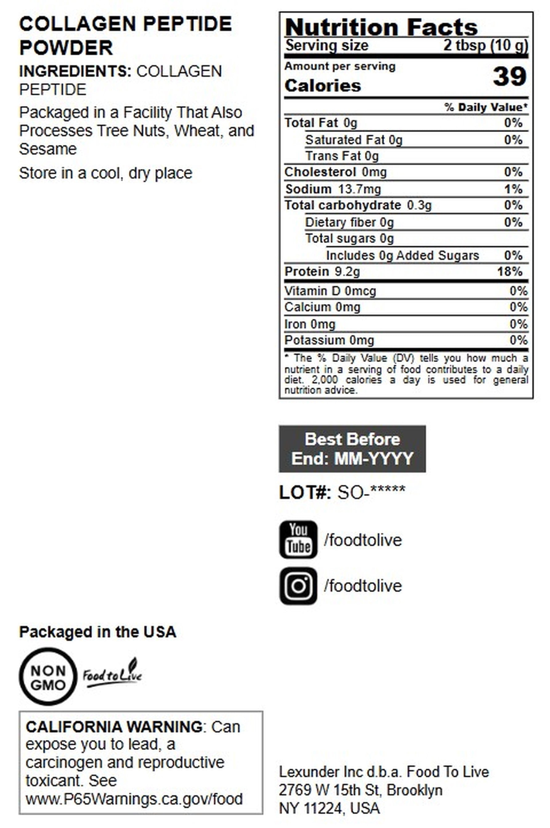 Collagen Peptide Powder, 1 Pound – Non-GMO, Keto Friendly, Bulk – by Food to Live