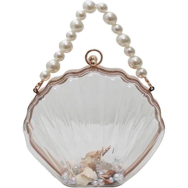 LHSHID Women Acrylic Evening Clutch Bag Shell Clutch Purse Transparent Stadium Approved Crossbody Shoulder Handbag with Pearl