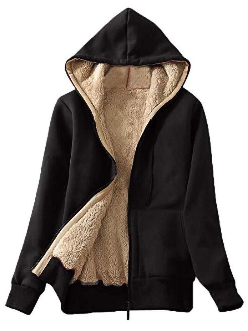 Feinuhan - Women's Solid Thick Sherpa Fleece Lined Zip Up Pockets Hoodie Sweatshirt Jacket 