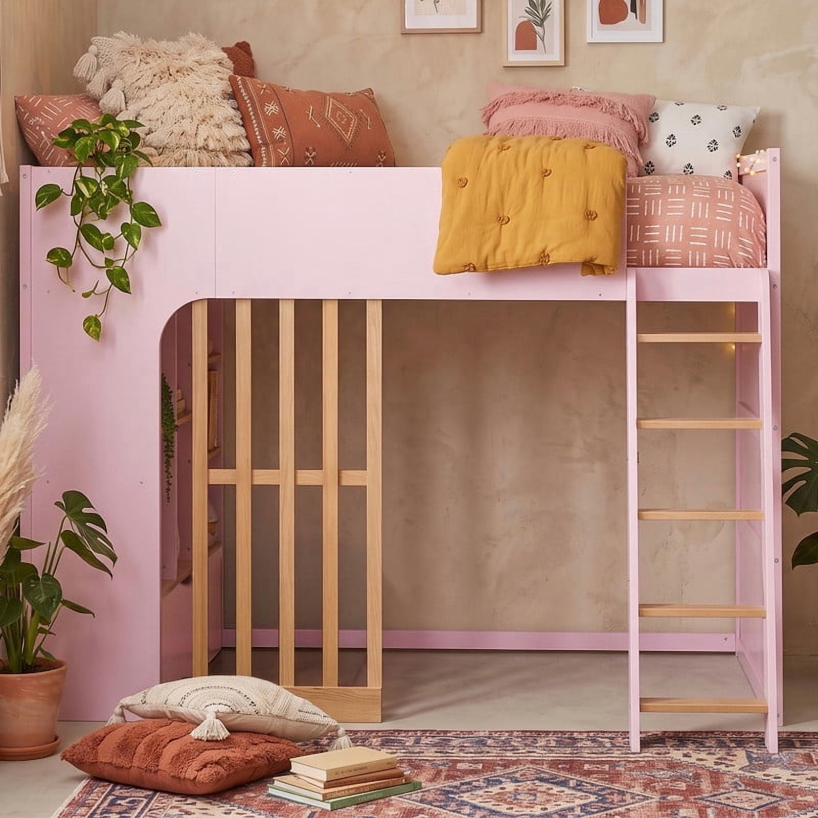 Twin Size Kids Loft Bed with Shelves, Wooden High Profile Teens Storage Bed Frame with Ladder and Removable Large Drawer