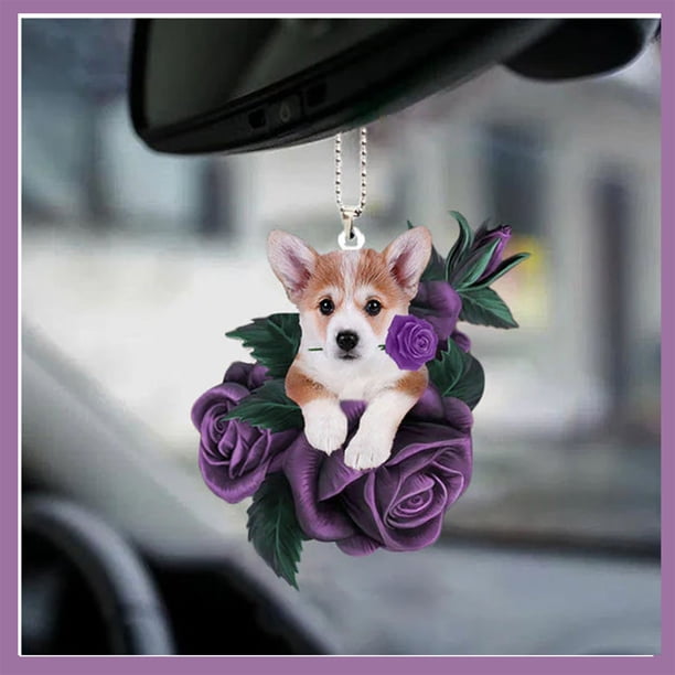 Colgante de Coche con Forma de Perro, Serie Rose, Acrílico, para Espejo Retrovisor, Diseño Impreso Transparente, Adorno Multiusos, Decoración Del Hogar, Un Regalo Ideal para Amigos, Tamaño 8,5 X 13 C
