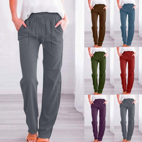 Simua Line Pants for Women Fashion Solid Color Elastic Waist Drawstring Full Length Trousers with Pockets