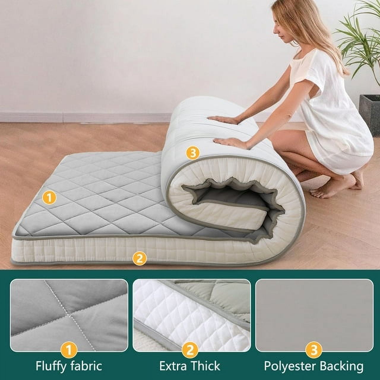ABORON Japanese Floor Mattress Futon Mattress Twin Size, Thicken Tatami Mat Sleeping Pad Foldable Roll Up Mattress Gray