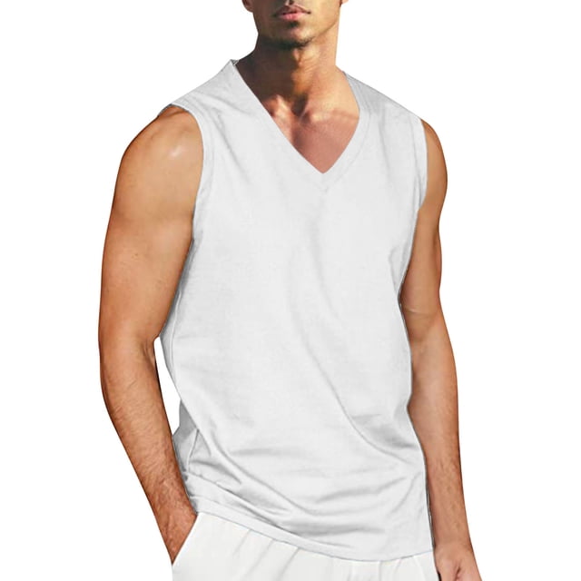 Débardeur pour Homme Décontracté Uni à Col en V, Hauts de Sport Sans Manches en Blanc, Fabriqué à Partir d'Un Mélange Léger et Respirant de Coton-Lin. le design Sans Manches Met l'Accent sur les Bras Musclés, Tandis Que le Col en V Ajoute un Style Décontracté et Stylé. Idéal pour les Activités d'Été, le Port Quotidien, les Entraînements Ou les Sorties Décontractées.