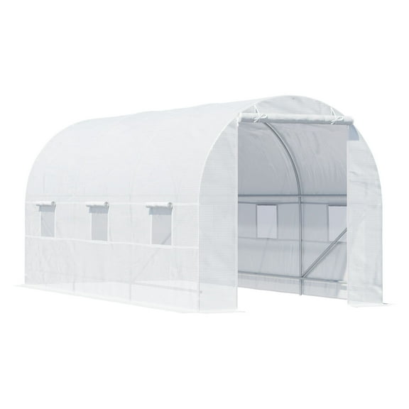 High Tunnel Greenhouse 15x7x7 ft, Walk-in Garden Greenhouse with Roll-Up Windows & Door, Steel Frame, 140 GSM PE Cover, White