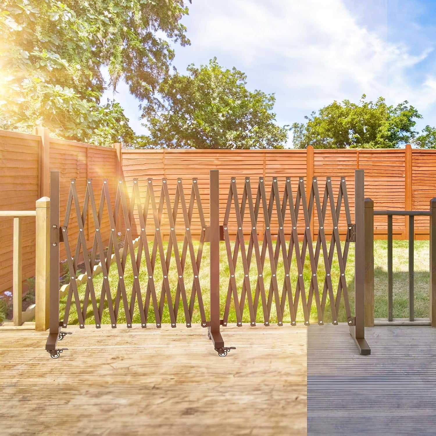Aluminum Expandable Garden Fence, Portable Barricade Gate with Casters, Adjustable Retractable Fence Mobile Barricade Safety Barrier (Brown, 201×15×41 inch)