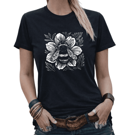 Bee and Flower Line Art Womens Print Tshirt Graphic Tees Black S-5XL Tops