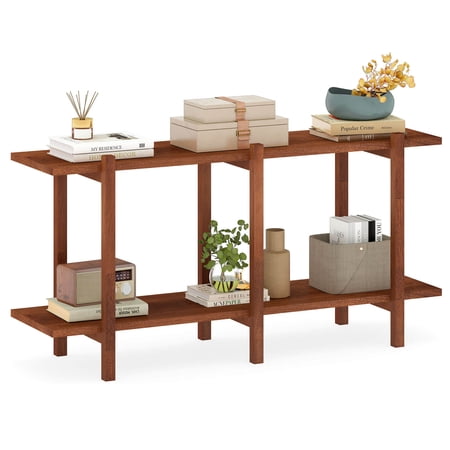 Costway 2-Tier Wood Bookshelf Low Horizontal Rubberwood Bookcase for Storage & Display
