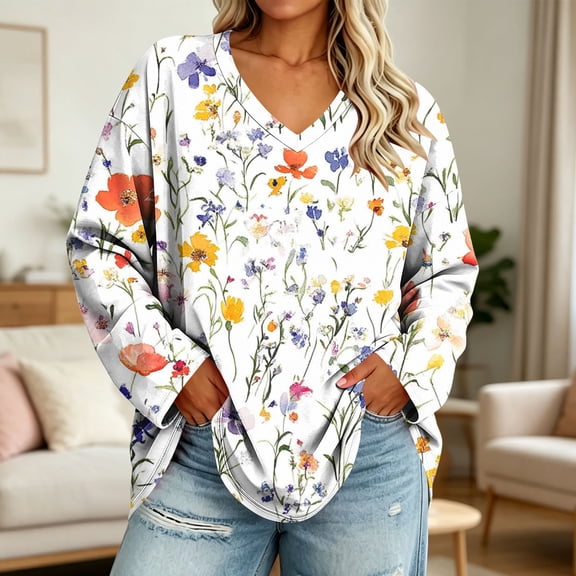 CLOISE Womens Tunic Tops Plus Size V Neck Casual Shirts Floral Long Sleeve Pullover Fall Loose Clothing White 2XL