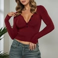 thumbnail image 2 of Bibifish Womens T-Shirts Deep V Neck Half Button Down Casual Slim Fit Knitted Crop Tees Fall Winter Long Sleeve Trendy Ladies Tops, 2 of 7