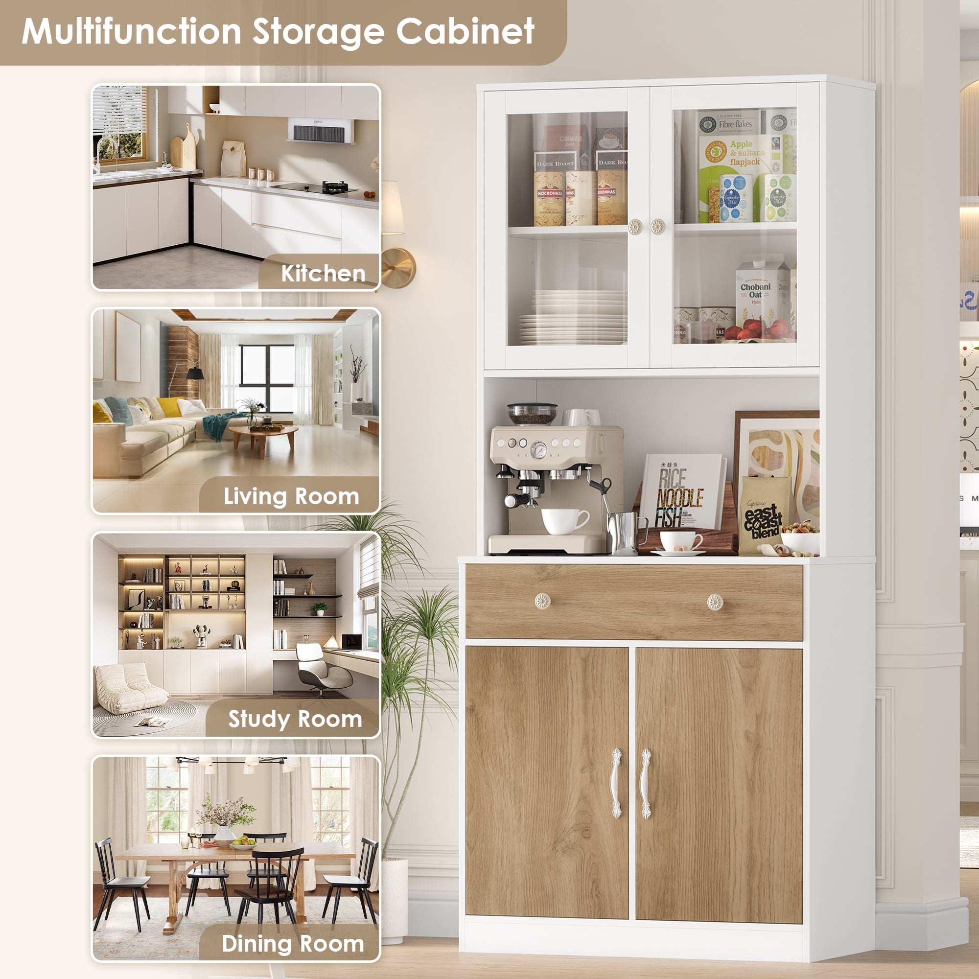 Homfa 71'' Kitchen Pantry Cabinet with Microwave Shelf & Drawer, 4 Doors Pantry Storage Cabinet with Adjustable Shelves for Dining Room, White+ Khaki