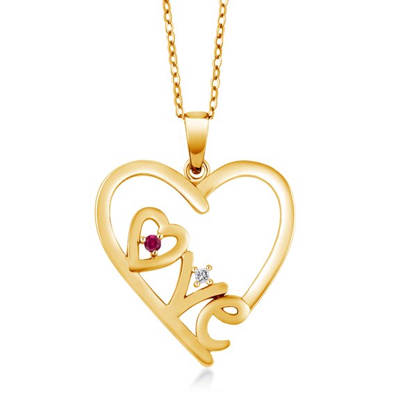Gem Stone King 0.07 Ct Round Red Created Ruby White Diamond 18K Yellow Gold Plated Silver Pendant