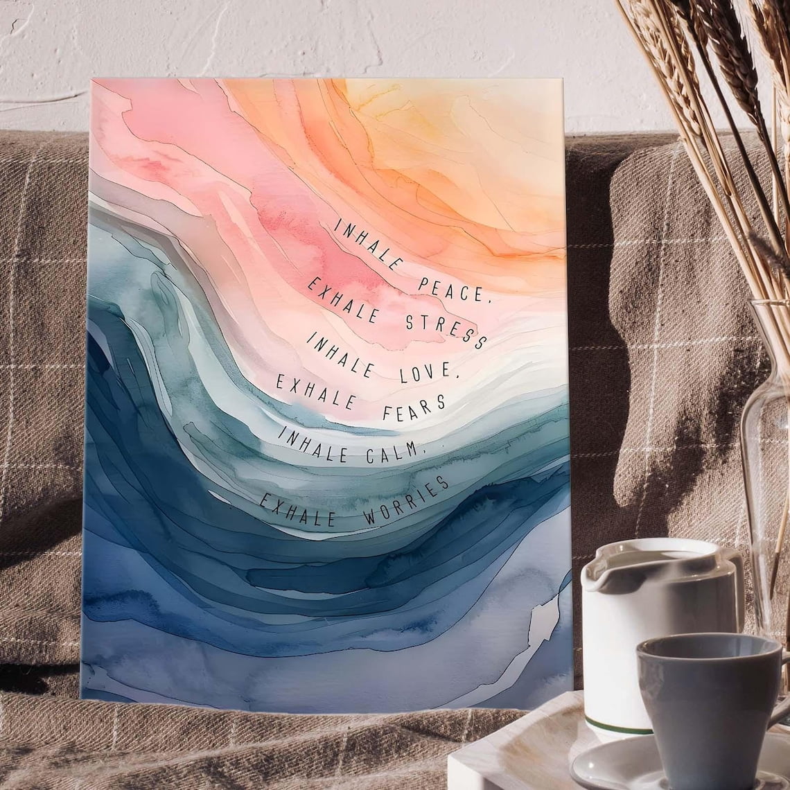 Calming Ocean Theme Canvas Art - "Inhale Peace Exhale Stress" Motivational Quote Wall Decor, Premium Fade-Resistant Canvas Print, Ready to Hang for Bedroom, Office, Yoga Studio, Living Room