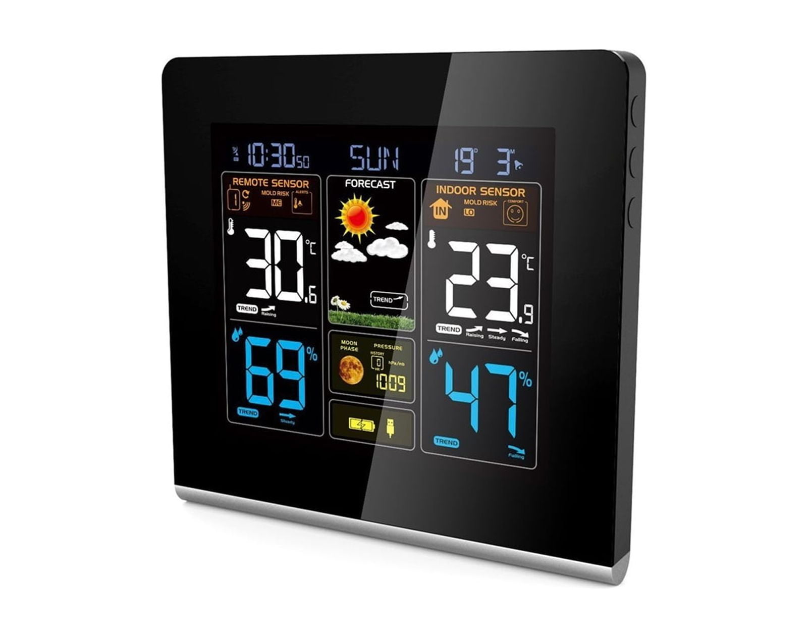 Wireless Display Digital Temperature Humidity Monitor, Weather Station Indoor Outdoor Weather Clock Color Screen ,Easy to Operate