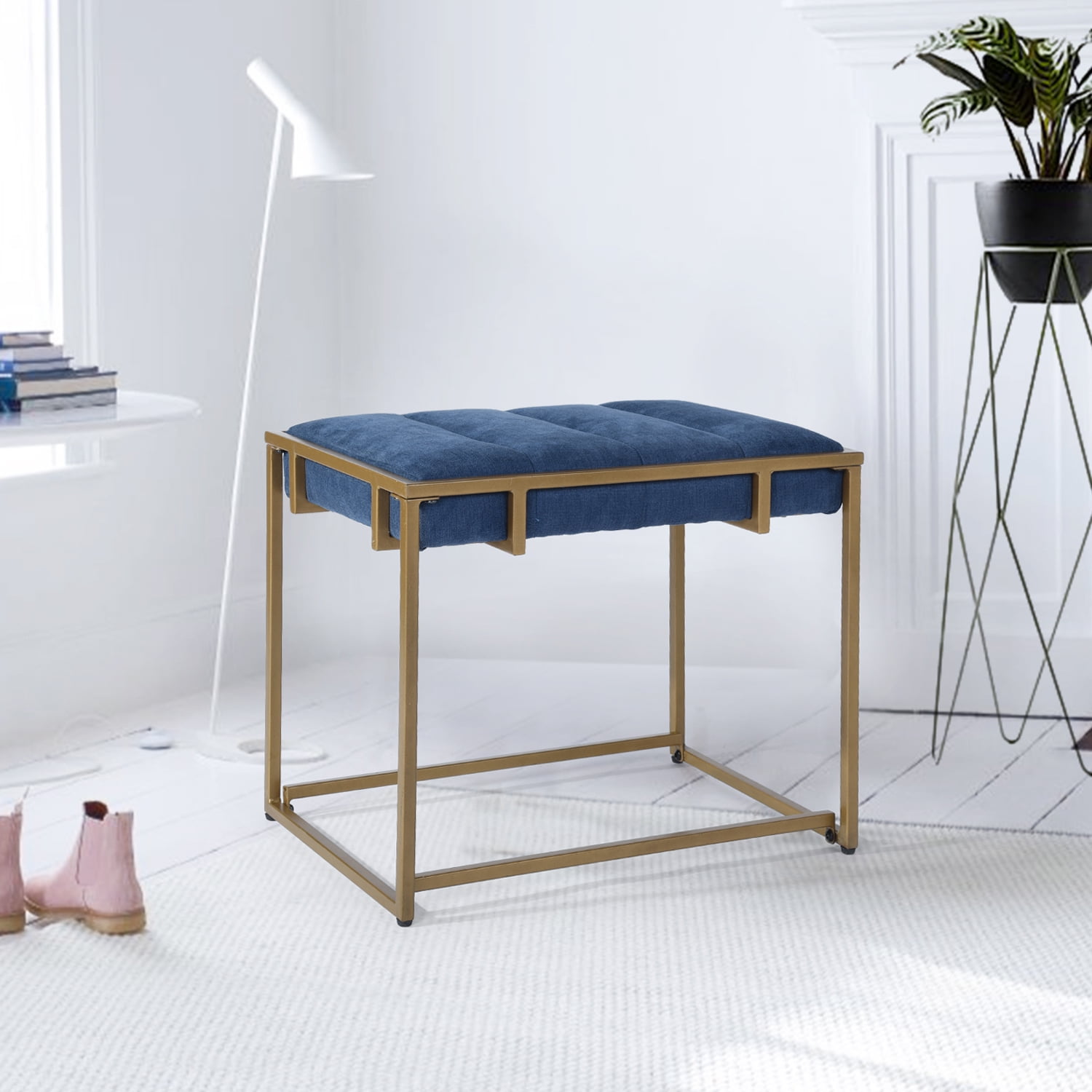 Hommoo Vanity Stool with Golden Metal Leg, Blue