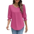 thumbnail image 6 of bbyeadc Pink Tops for Women Round Neck Puff Cuff Pleated Shirts 3/4 Sleeve Dressy Casual Loose Fit Trendy T-Shirt Blouses Summer Basic Business Tshirts Clothes, Hot Pink XL, 6 of 7