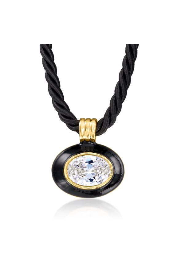 14kt Yellow Gold-Plated Necklace With 6.00 Carat Cz, Black Enamel and Black Cord, Women's, Adult