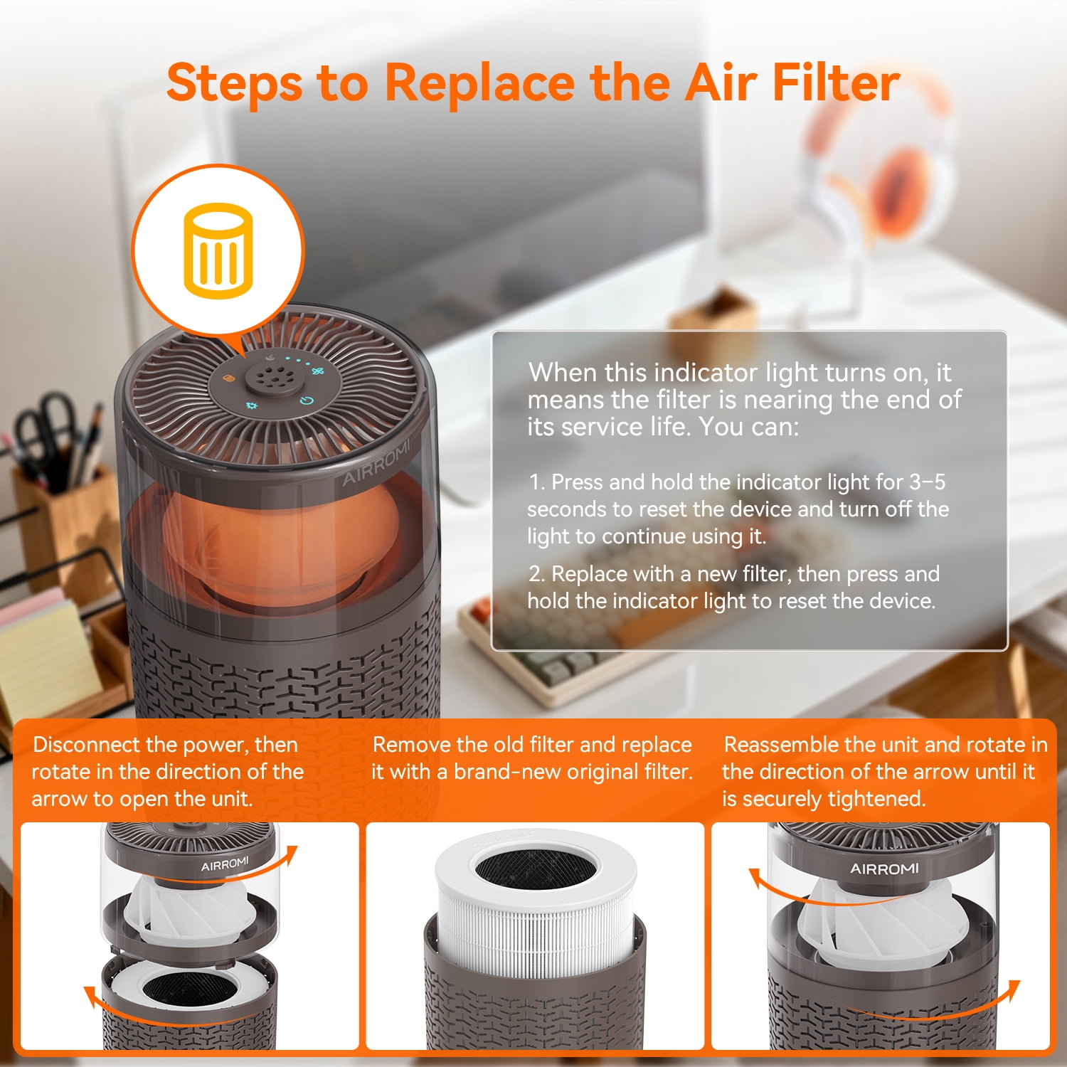 AIRROMI AIRROMI A2002 Air Purifier - For Large Rooms up to 660 sq ft - True HEPA Filter for Efficient Dust & Germ Removal - Built-in Aromatherapy Diffuser & Soft Night Light for Better Sleep Coffee