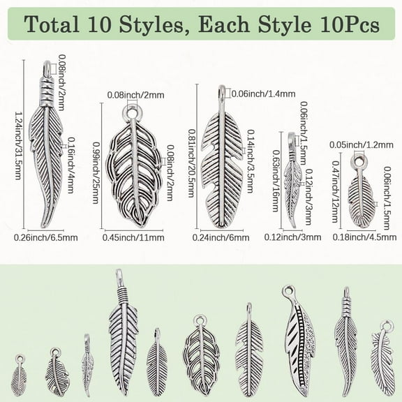 1 Box 100pcs 10 Styles Silver Feather Charms Bulk Leaf Charms Silver Alloy Tibetan Style Spring Autumn Metal Tree Leaves Charm For Jewelry Making Women Bracelet Crafting Projects Supplies