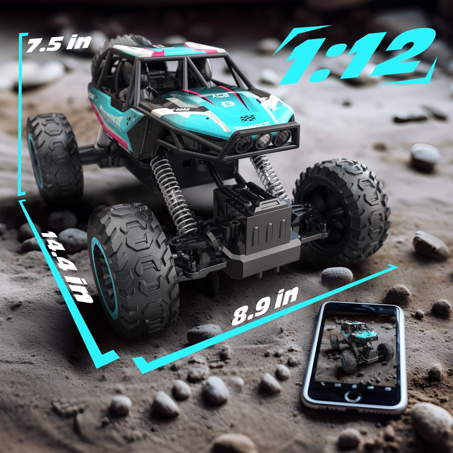 1:12 RC Cars 4WD off Road 2.4Ghz RC Monster Truck with Metal Shell and Light, Remote Control Car Crawler for Adult and Kid, 2 Batteries, Blue