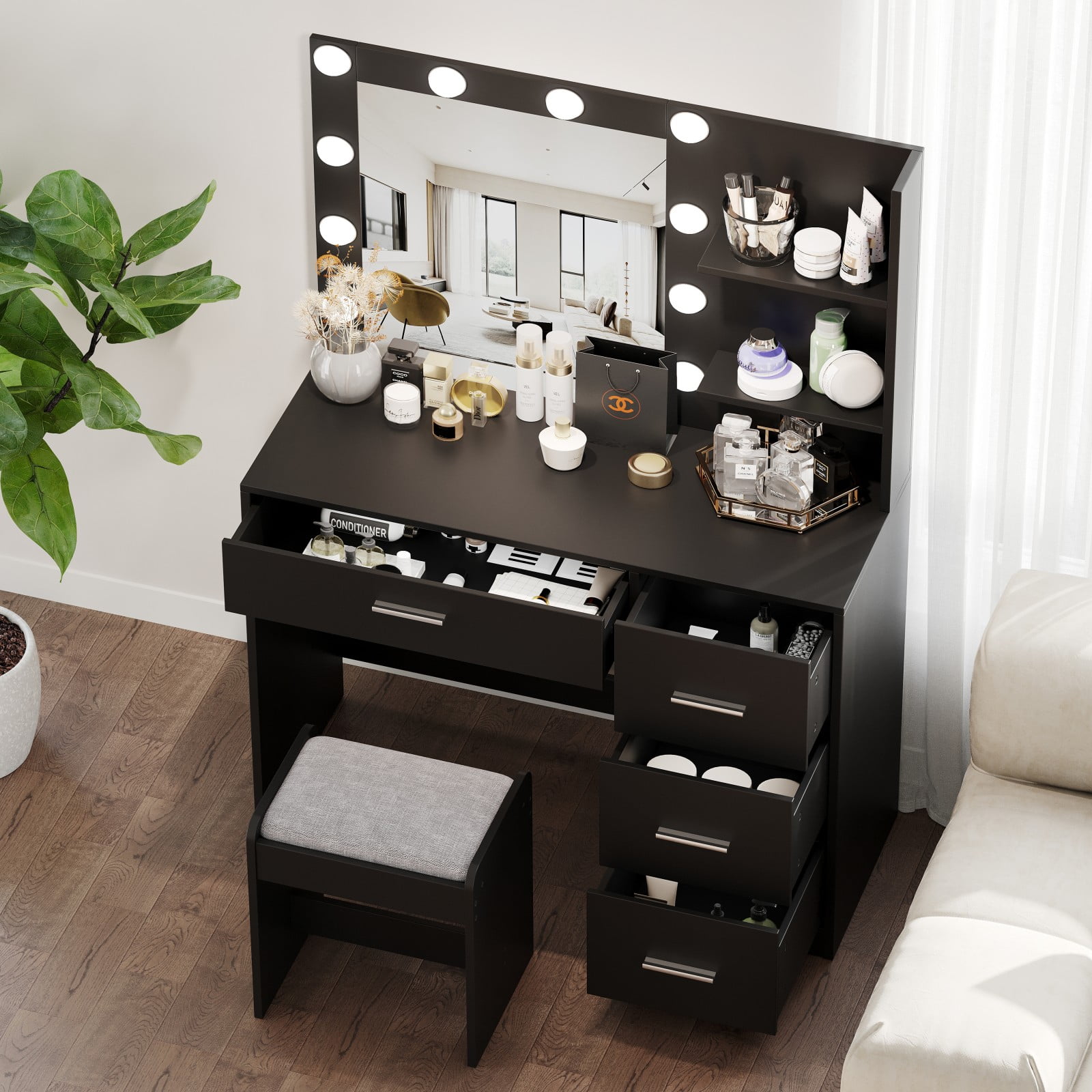 Rovaurx Makeup Vanity Table with Lighted Mirror, Makeup Vanity Desk with  Storage Shelf and 4 Drawers, Bedroom Dressing Table, 10 LED Lights, Black  
