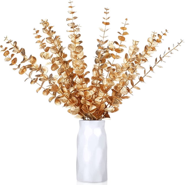 Xiao Hua 18 tallos de eucalipto artificiales, hojas de eucalipto, flores artificiales para el hogar, oficina, ramo de flores, centro de mesa, decoración de boda, decoración navideña - Dorado