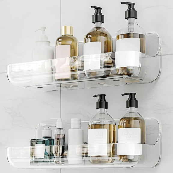 Januofit Adhesive Shower Caddy, 2 Pack Acrylic Bathroom Shelves, No Drill Wall Mount Organizer Storage Shelf