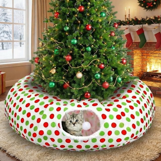 Cama túnel de Navidad para gatos con falda de árbol de Navidad de 3 pies x 3 pies x 10 pulgadas debajo del árbol de Navidad túnel para gatos color ver