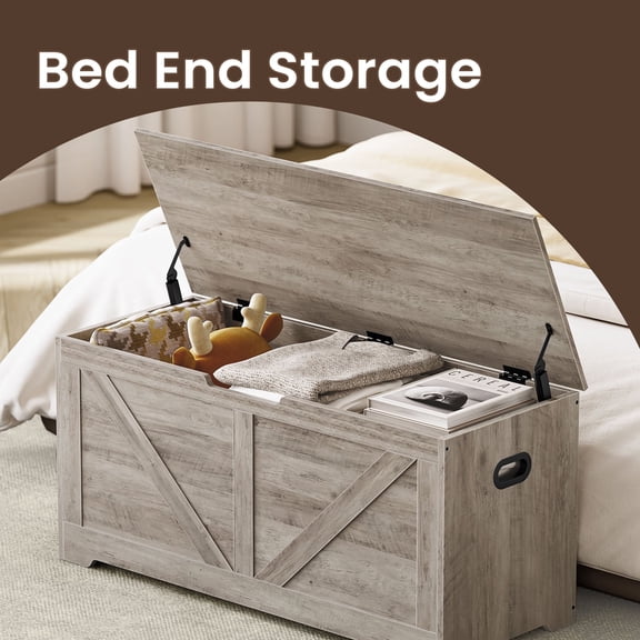 LEDREM Farmhouse Storage Bench with 2 Safety Hinges , 39.4" Wide Storage Trunk for Entryway , Bedroom , and Living Room , Heather Greige