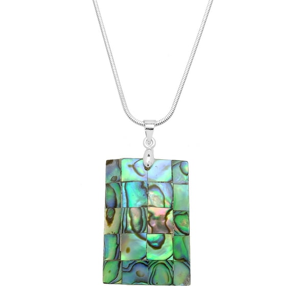 Square Shape Abalone Shell Pendant Necklace Rhodium Plated 17 Inch Snake Chain J0749