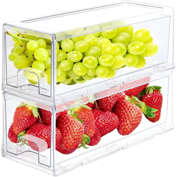 Paquete de 2 cajones transparentes extraíbles y apilables para frigorífico, organizadores de cajones para despensa, contenedores de plástico para alimentos para cocina, baño, oficina, armario