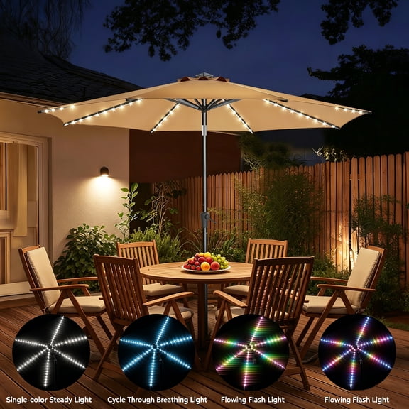 TASKBAY 9ft Solar Patio Umbrella with Colorful LED Lights, 45° Tilt Adjustment Outdoor Umbrella for Garden, Backyard, Pool, Beige (Base not included)