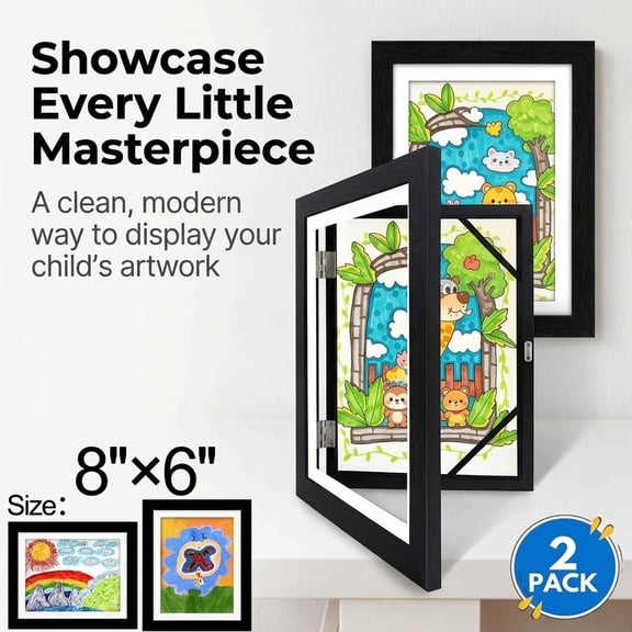 USIONE 2 Pack Kids Art Frames 8x6" | Black Front-Opening Changeable Storage Frame for Wall, Holds 50 Crafts & Drawings