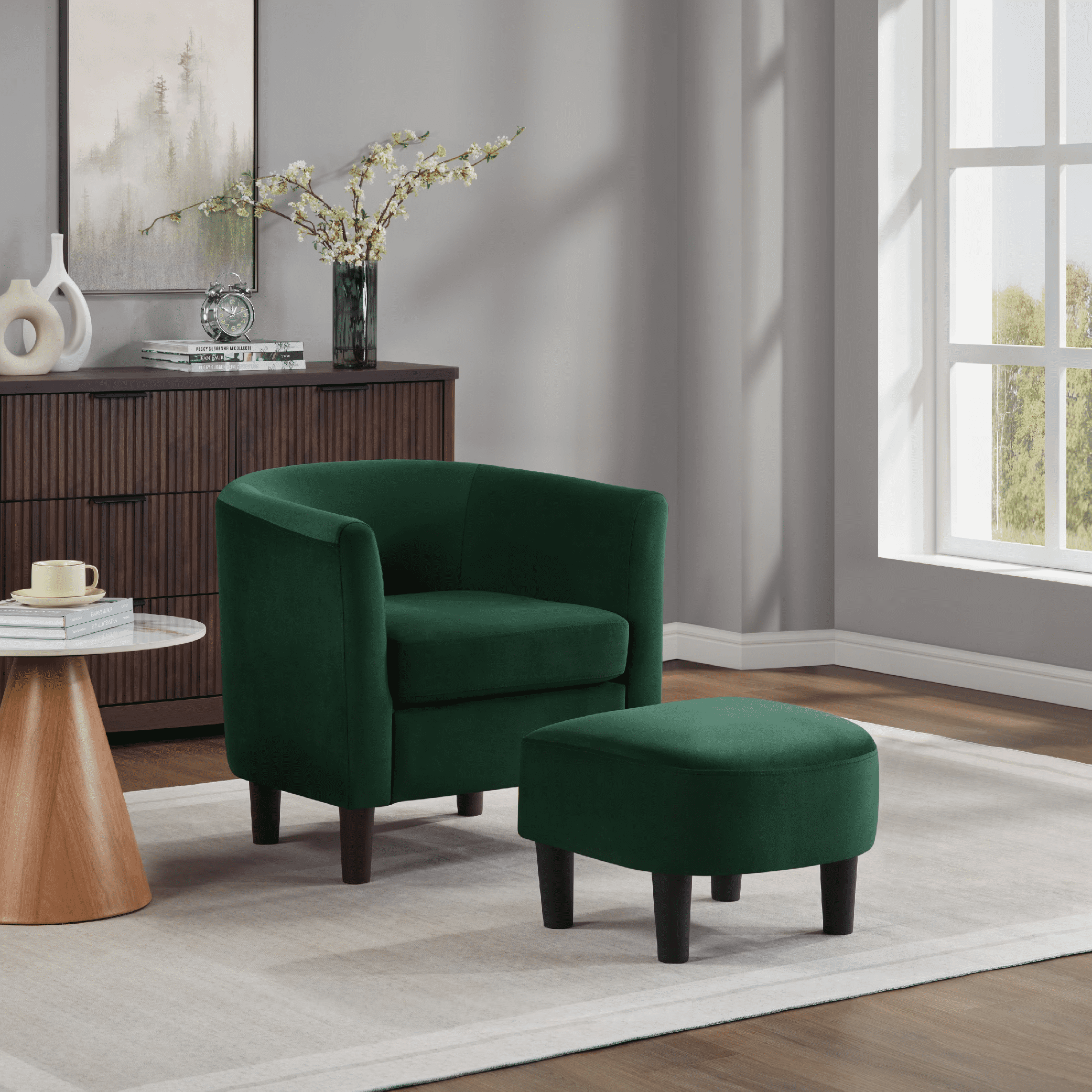 FunniHomi Velvet Accent Chair with Ottoman, Modern Barrel Chair Armchair with Footrest for Living Room, Bedroom and Reading Room, Green