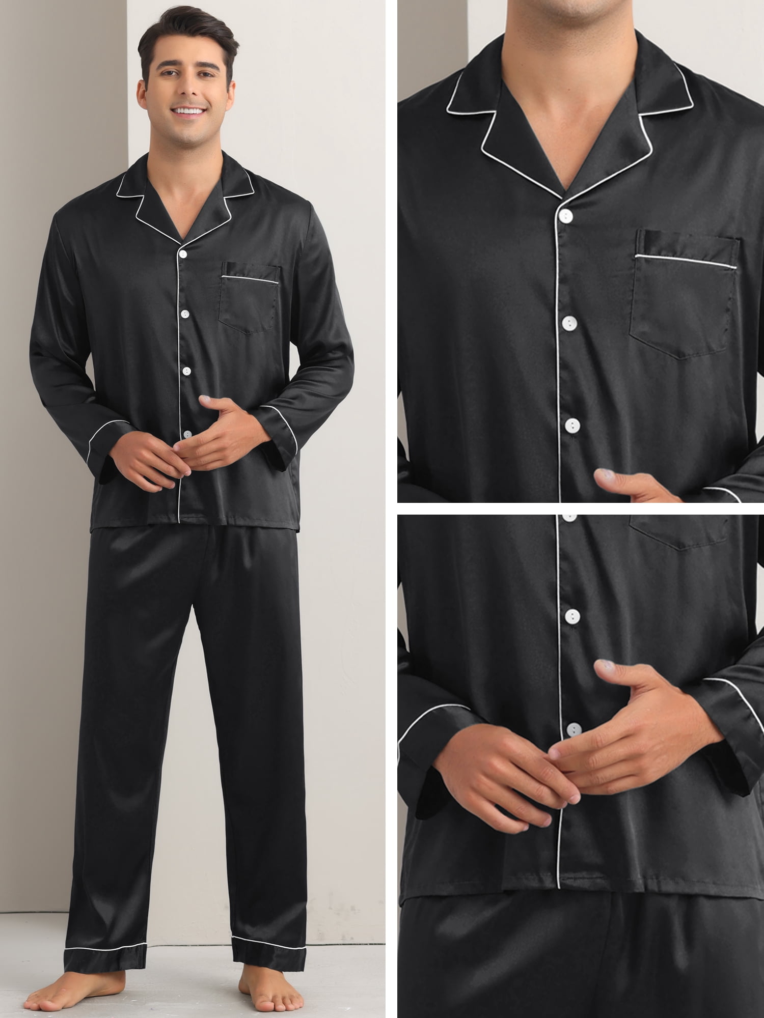 DARING DIVA Men's 2-Piece Homewear Button Down Long Sleeve Shirt XL Black