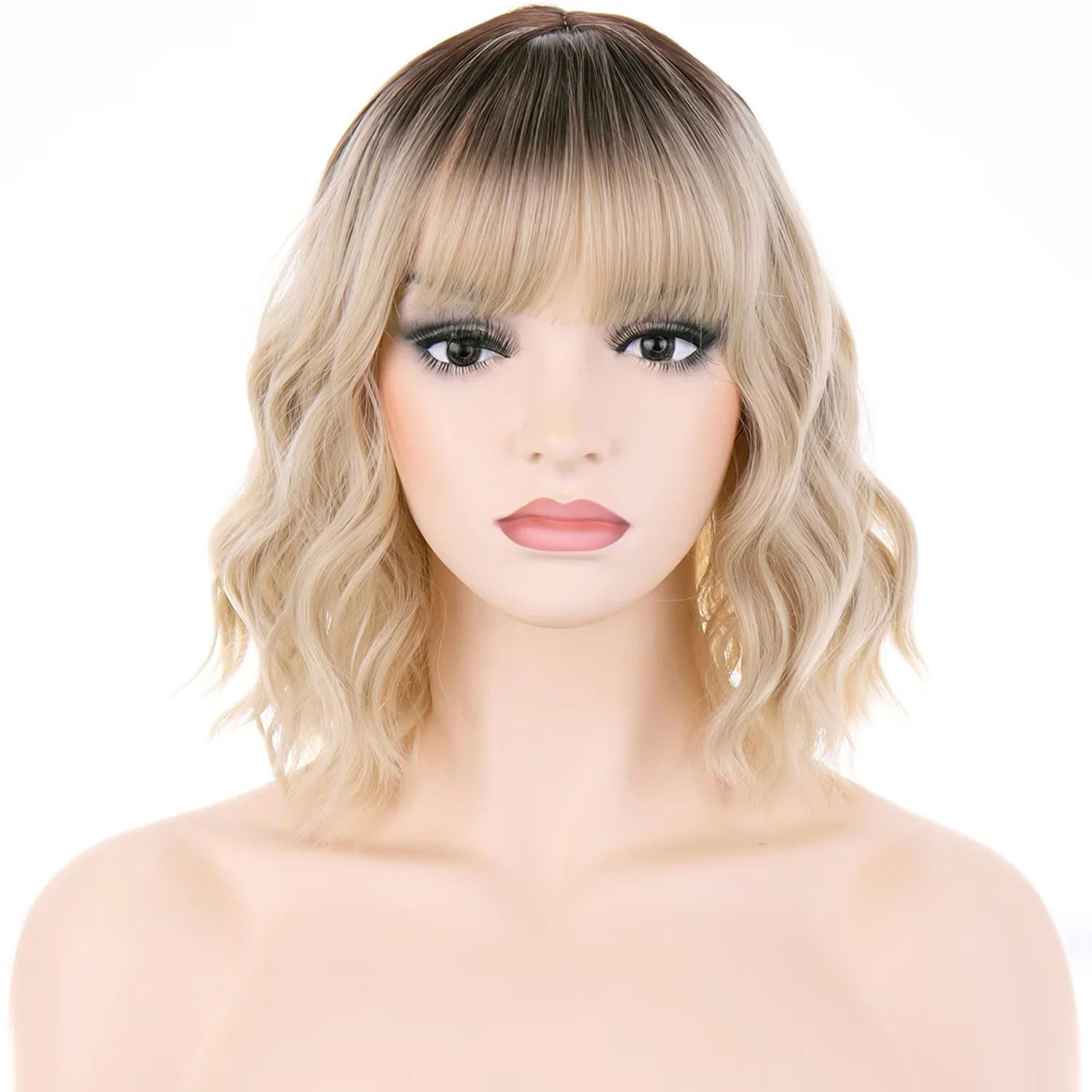 RightOn 12 Inches Blonde Ombre Wig With Flat Bangs Short Curly Wig for Women Girls Daily Use