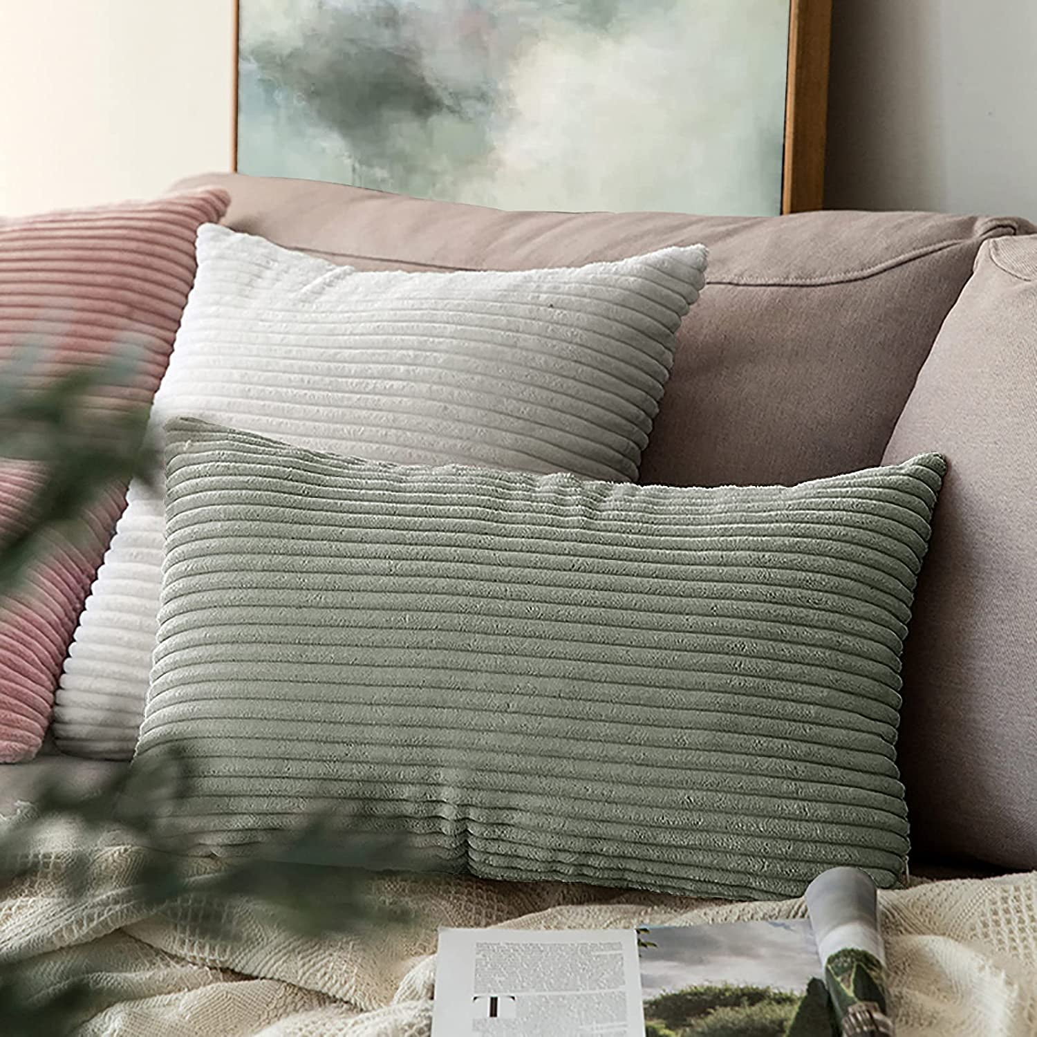 Htooq Grey Pillow Covers 12x20 Pillow Covers Decorative corduroy Soft Solid Striped Throw Pillows Covers Cushion Covers Pillowcase 2 Pack dark Grey Ot