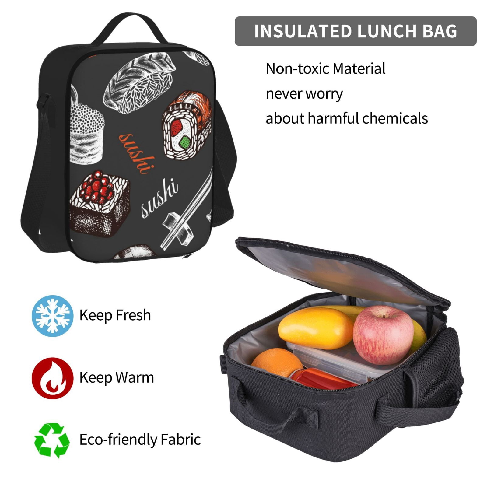 Naloa Japanese Sushi Hashi Print Large Capacity Backpack Lunch Bag Pencil Case Combination 3 Piece Set for Student