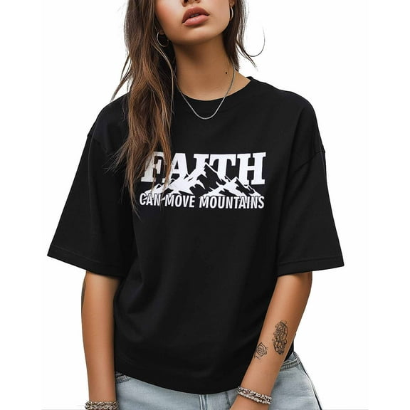 Women's Graphic T-Shirt Black XS Women's Tops Faith Can Move Mountains Crew Neck Short Sleeve Shirts for Women