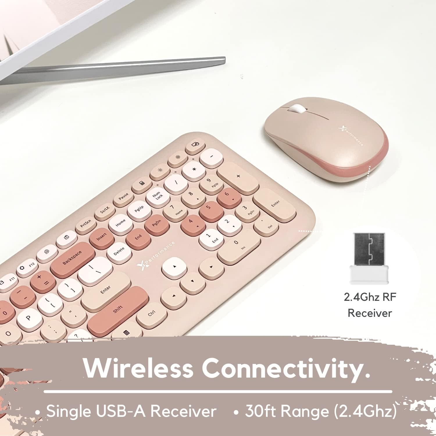 X9 Performance Colorful Keyboard and Mouse Combo - 2.4Ghz Wireless - Transform Your Space with a Cute Wireless Keyboard and Mouse Set (110 Keys and 18 Shortcuts) - for PC and Chrome (Brown)