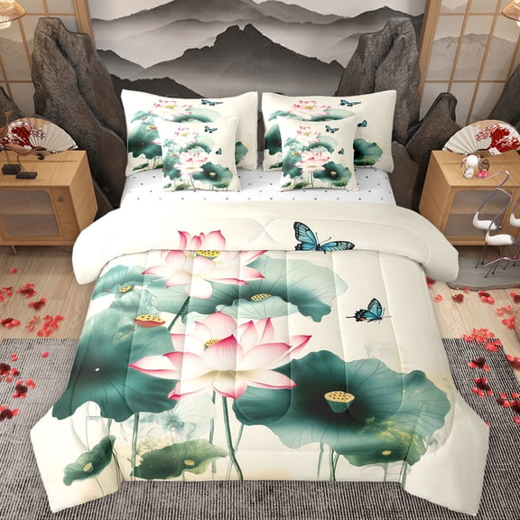 Homewish Rustic Lotus 7-Piece Twin Bedding Sets,Modern Aesthetic Art Bedding Comforter Set,Green Lotus Leaves Sheet Sets For Girls Kids,Microfiber Bedroom Decor Reversible