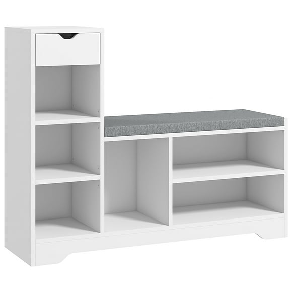 HOMCOM Banc à Chaussures Rembourré pour Entrée avec Tiroir de Rangement et Tablette Ouverte