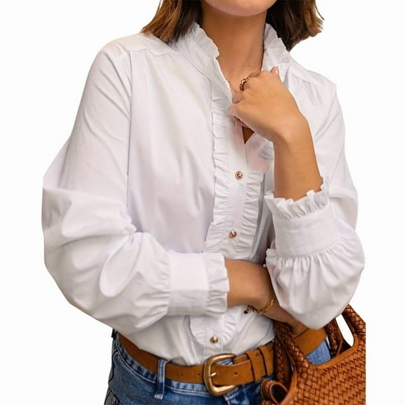 Ruffled Tops for Women V Neck Ruffle Blouse Long Sleeve Ruffle Shirt Comfort Plus Size Long Sleeve Shirts White M