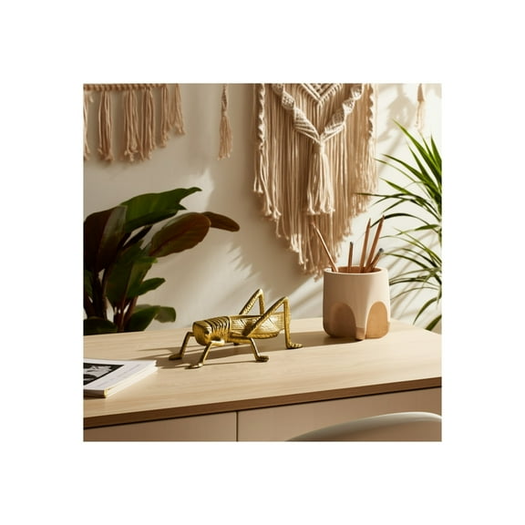 Metal Grasshopper Figurine - Handcrafted Aluminum Tabletop Sculpture - Boho Rustic Accent for Home, Office, Bedroom & Living Room Decor - 4" Gold