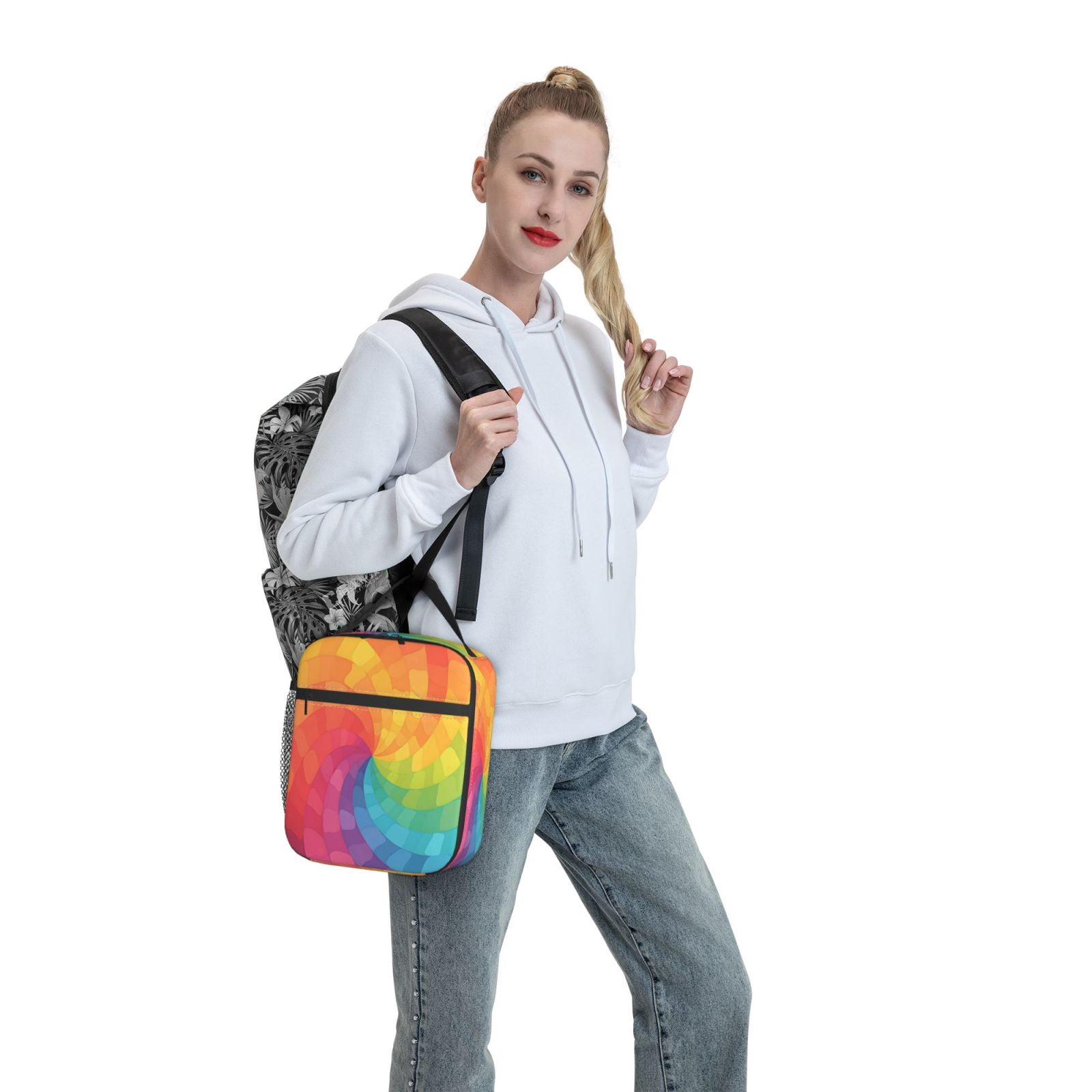 Lunch Bag For Women Men Insulated Portable Lunch Box Bento Box Office Picnic Travel Cooler Bag Mediumvioletred Tie Dye Background Rainbow Colors_2