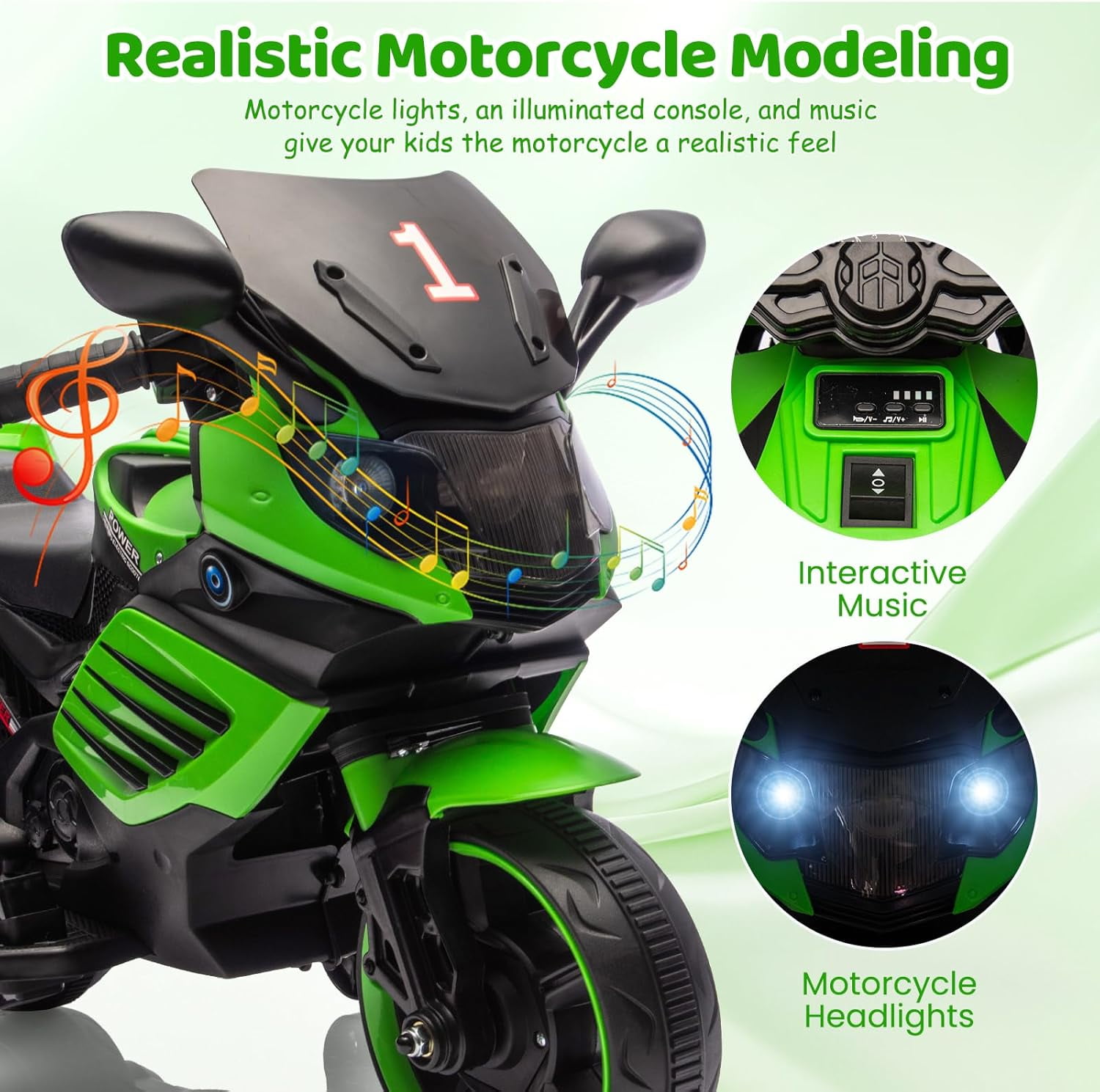 Trilenars 6V Motorcycle, Electric Ride On Car Toy with Training Wheels, Working Headlight, Horn & Music, Battery PoweRed Ride On Motorcycle Toy for Ages 3-6,Green