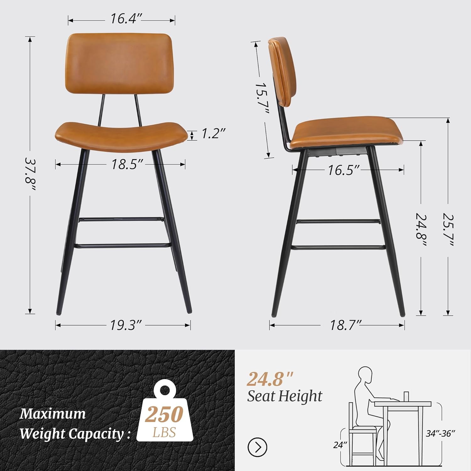 Dycanpo 24.5" Counter Height Bar Stools Set of 4, Faux Leather Upholstered Barstools, Brown