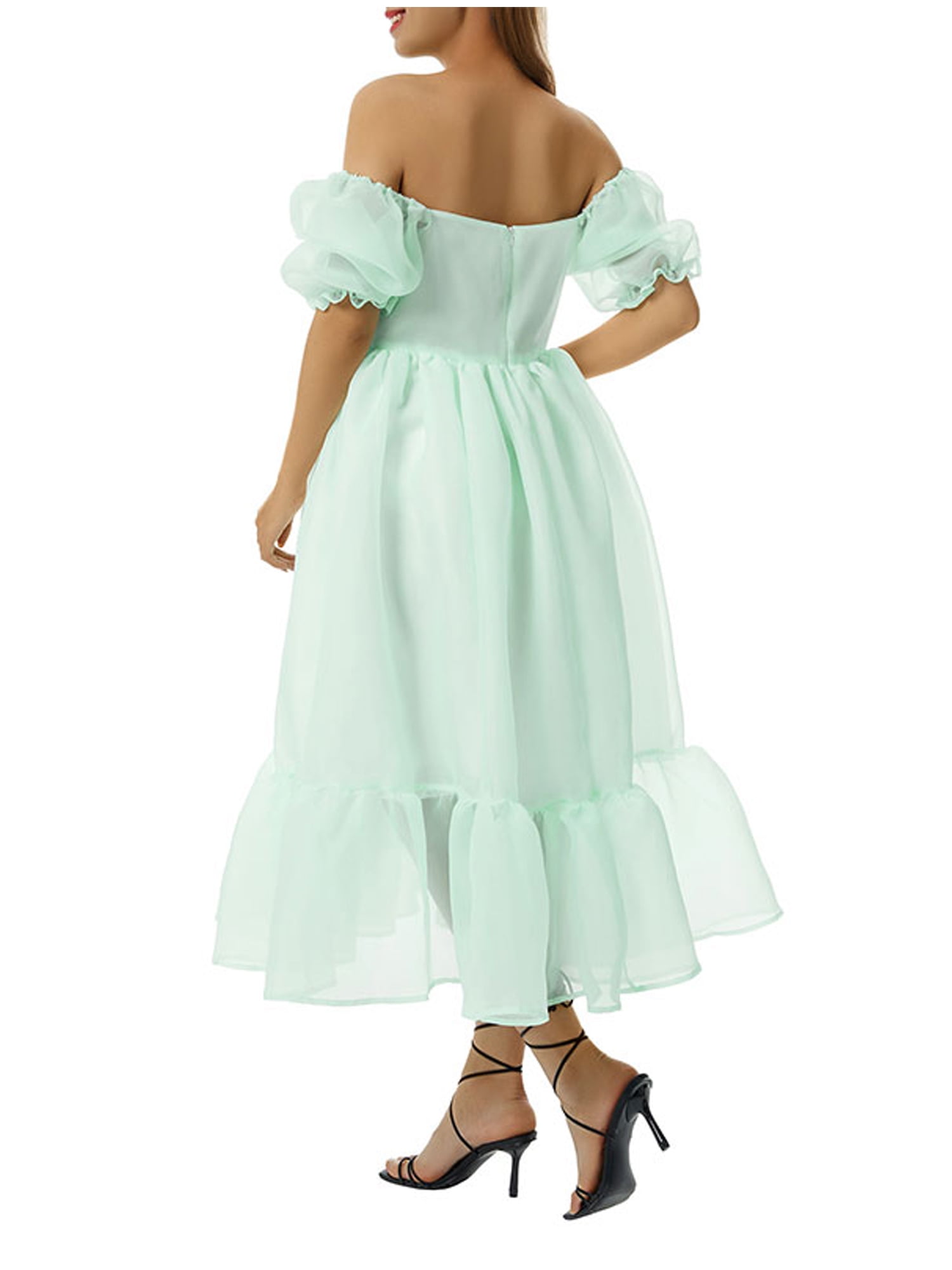 Licupiee Womens Puff Sleeve Tulle Princess Midi Dress Bubble