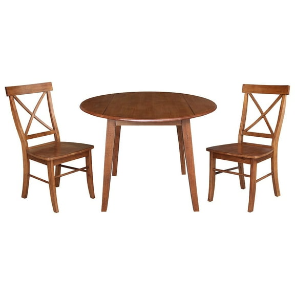 42" Round Solid Wood Dual Drop Leaf Table with 2 Chairs in Distressed Oak